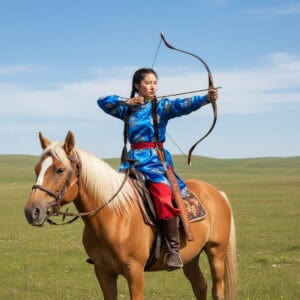 Asiatin mit Reiterbogen vom Pferd